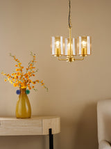 Dar Daylin 3 Light Pendant Satin Gold and Amber Ribbed Glass