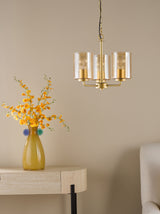 Dar Daylin 3 Light Pendant Satin Gold and Amber Ribbed Glass
