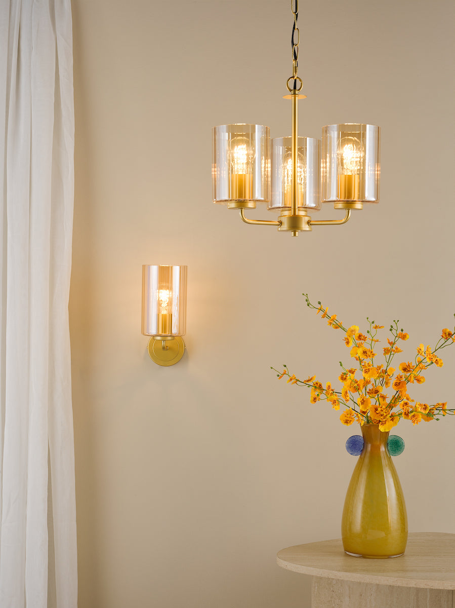 Dar Daylin 3 Light Pendant Satin Gold and Amber Ribbed Glass