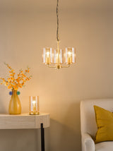 Dar Daylin 3 Light Pendant Satin Gold and Amber Ribbed Glass