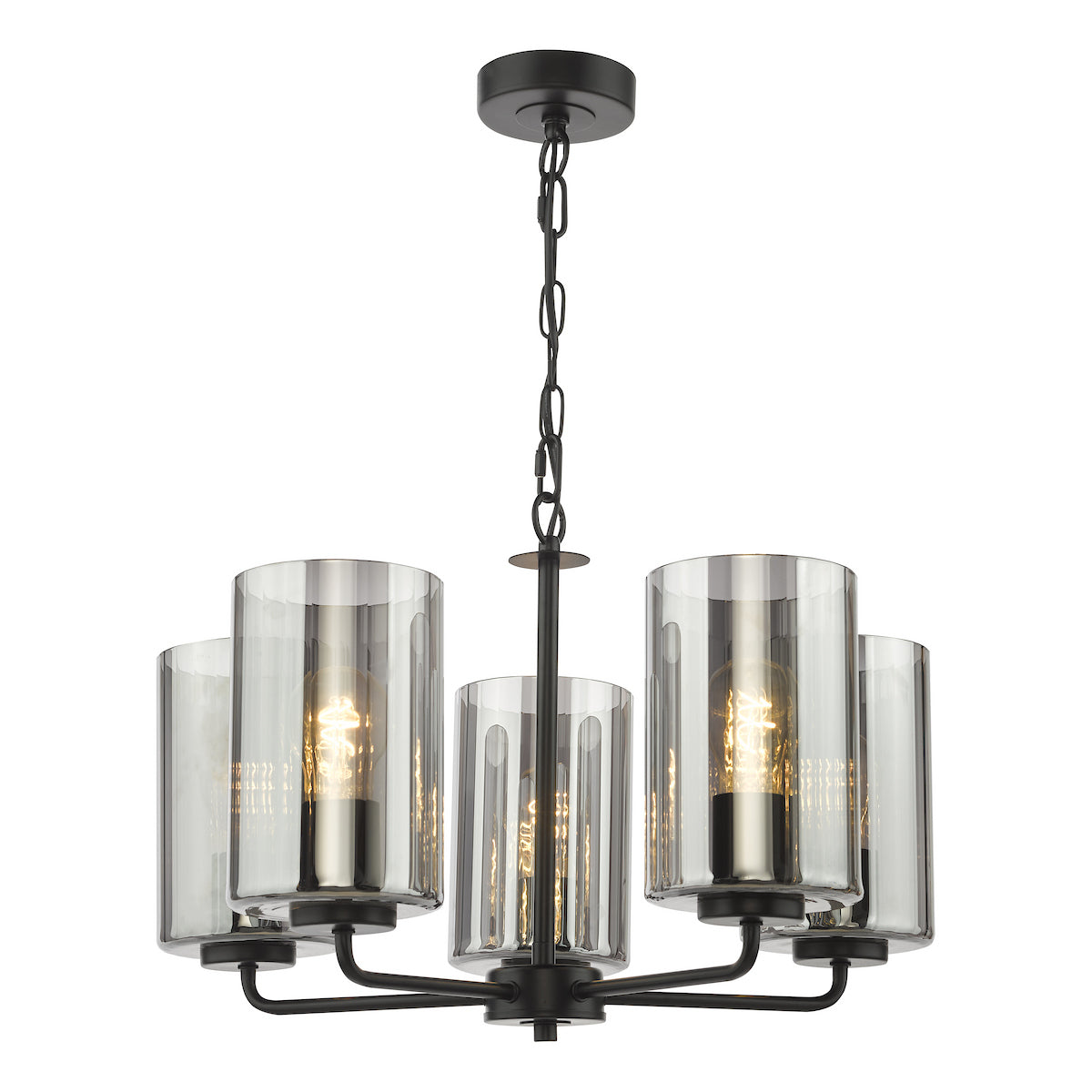 Dar Daylin 5 Light Pendant Satin Black and Smoked Ribbed Glass