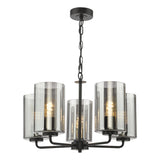 Dar Daylin 5 Light Pendant Satin Black and Smoked Ribbed Glass