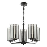 Dar Daylin 5 Light Pendant Satin Black and Smoked Ribbed Glass