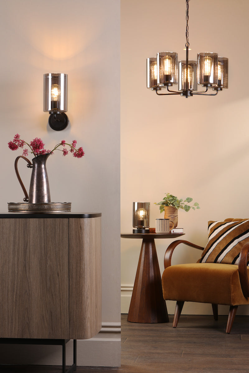 Dar Daylin 5 Light Pendant Satin Black and Smoked Ribbed Glass