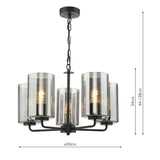 Dar Daylin 5 Light Pendant Satin Black and Smoked Ribbed Glass