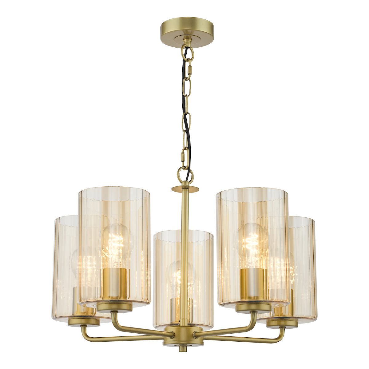 Dar Daylin 5 Light Pendant Satin Gold and Amber Ribbed Glass