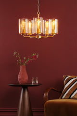 Dar Daylin 5 Light Pendant Satin Gold and Amber Ribbed Glass