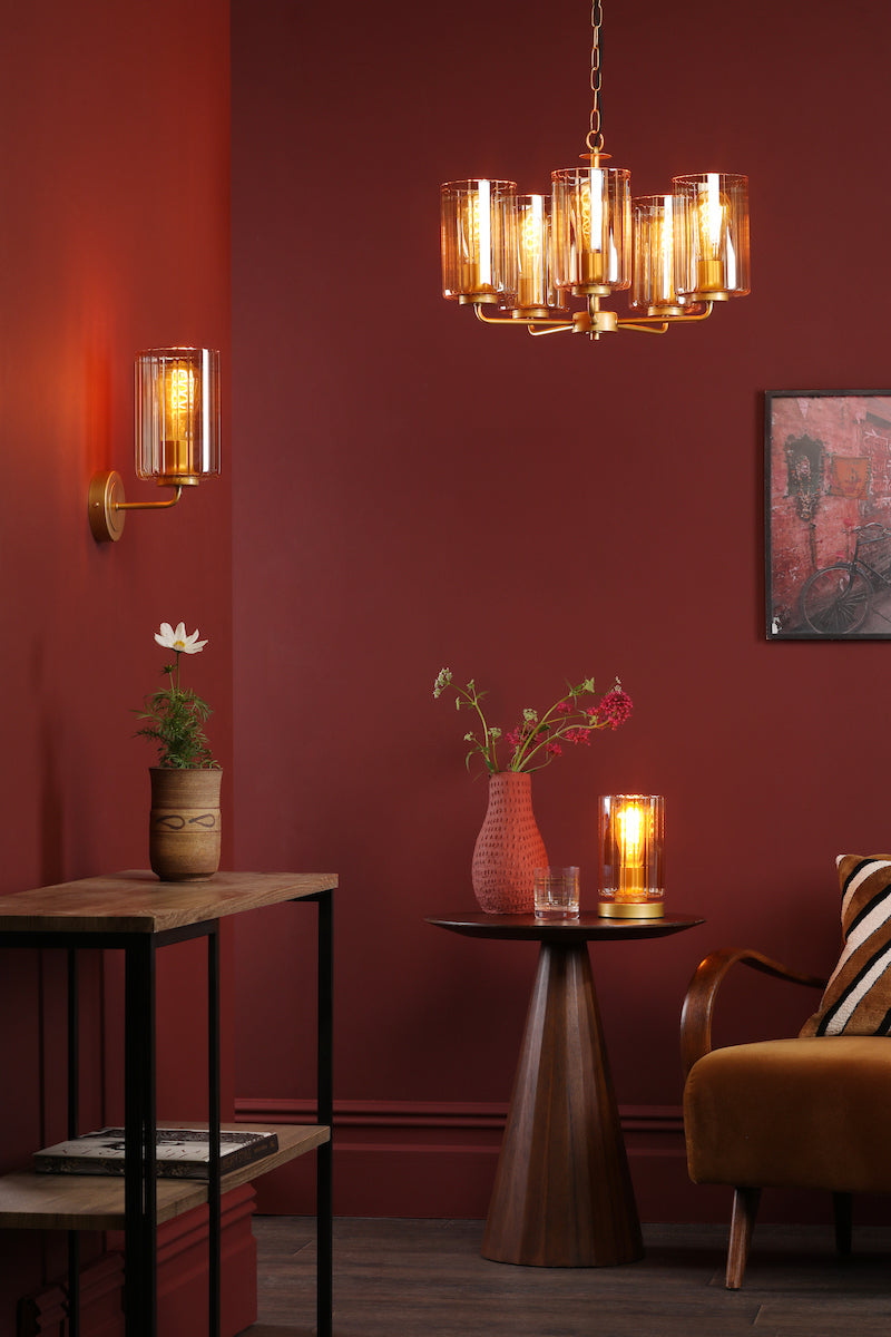 Dar Daylin 5 Light Pendant Satin Gold and Amber Ribbed Glass