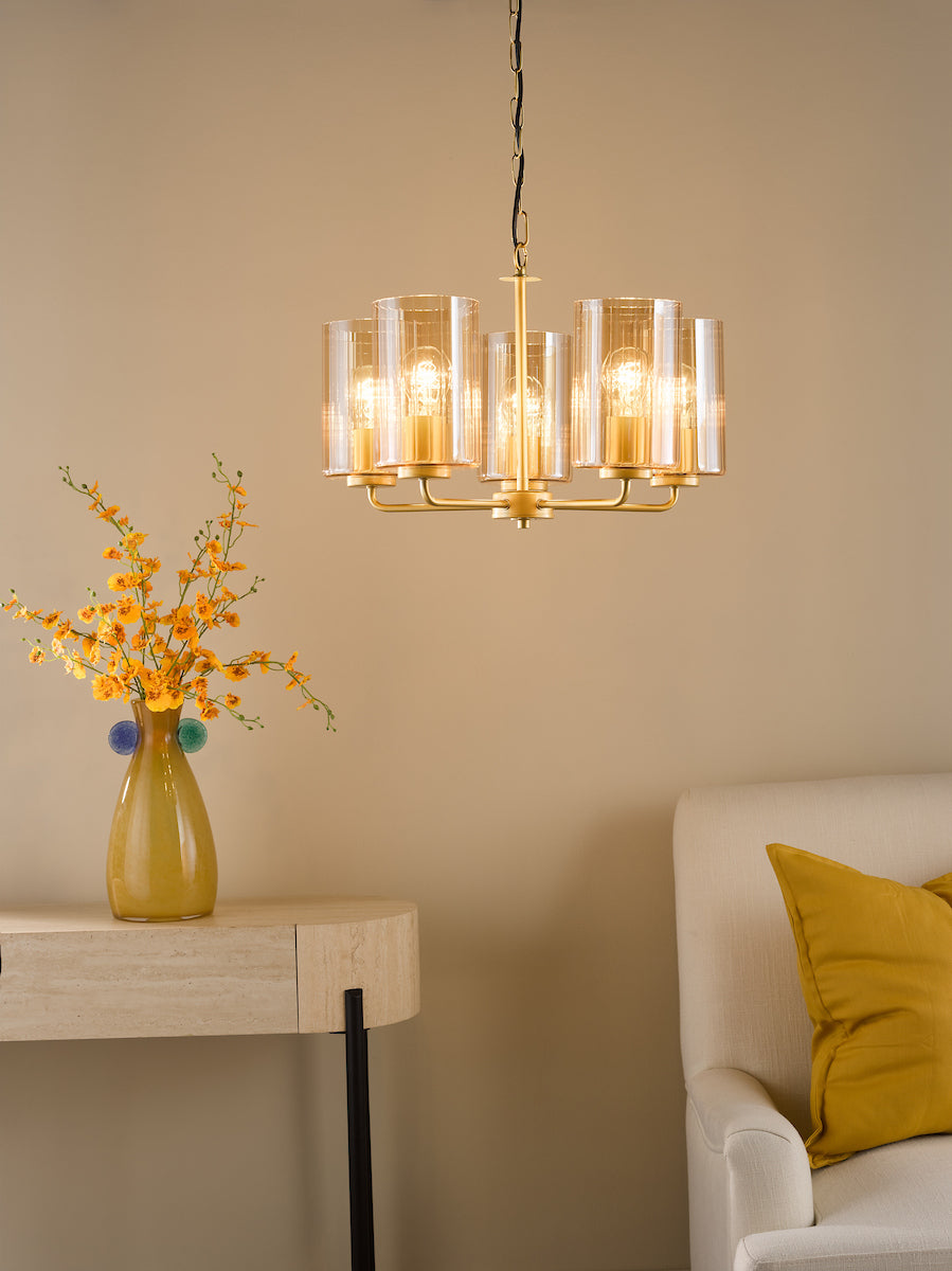 Dar Daylin 5 Light Pendant Satin Gold and Amber Ribbed Glass