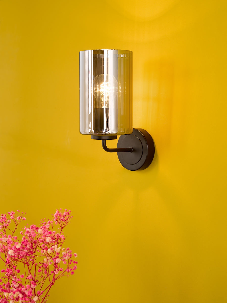 Dar Daylin Wall Light Satin Black and Smoked Ribbed Glass