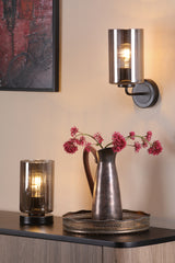 Dar Daylin Table Lamp Satin Black and Smoked Ribbed Glass