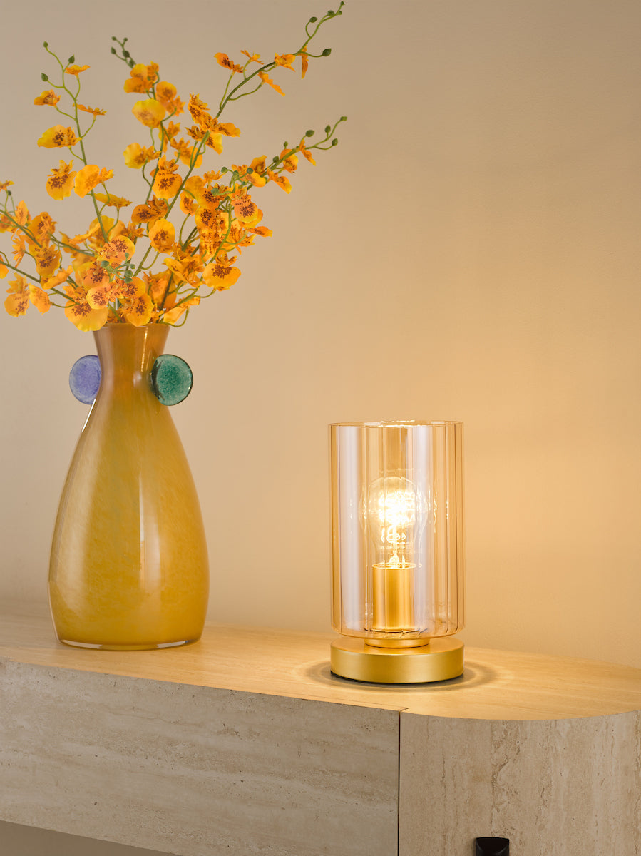Dar Daylin Table Lamp Satin Gold and Amber Ribbed Glass