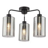 Dar Daylin 3 Light Semi-Flush Satin Black and Smoked Ribbed Glass