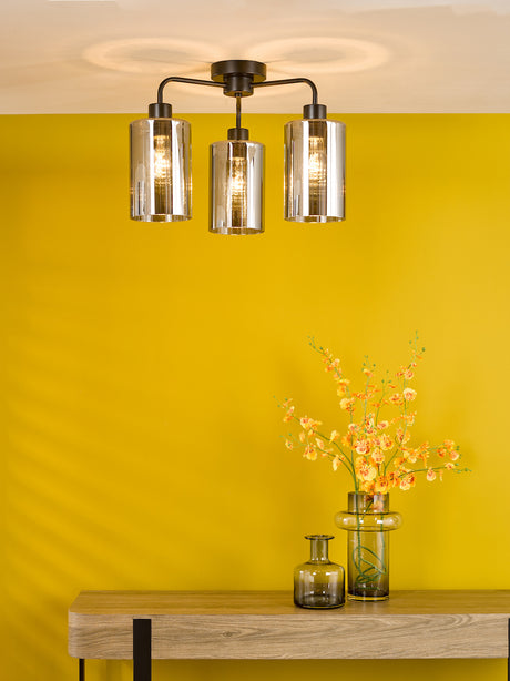 Dar Daylin 3 Light Semi-Flush Satin Black and Smoked Ribbed Glass