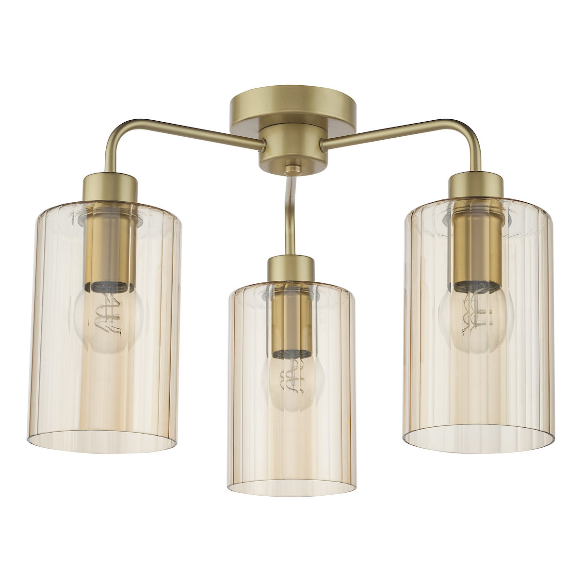 Dar Daylin 3 Light Semi-Flush Satin Gold and Amber Ribbed Glass