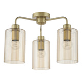 Dar Daylin 3 Light Semi-Flush Satin Gold and Amber Ribbed Glass