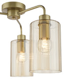 Dar Daylin 3 Light Semi-Flush Satin Gold and Amber Ribbed Glass