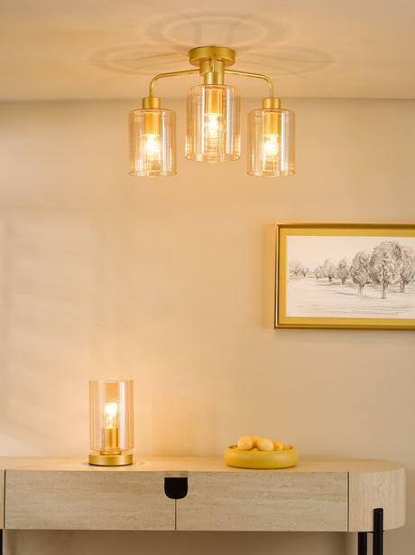 Dar Daylin 3 Light Semi-Flush Satin Gold and Amber Ribbed Glass
