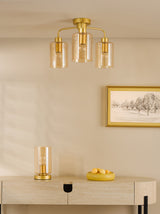 Dar Daylin 3 Light Semi-Flush Satin Gold and Amber Ribbed Glass