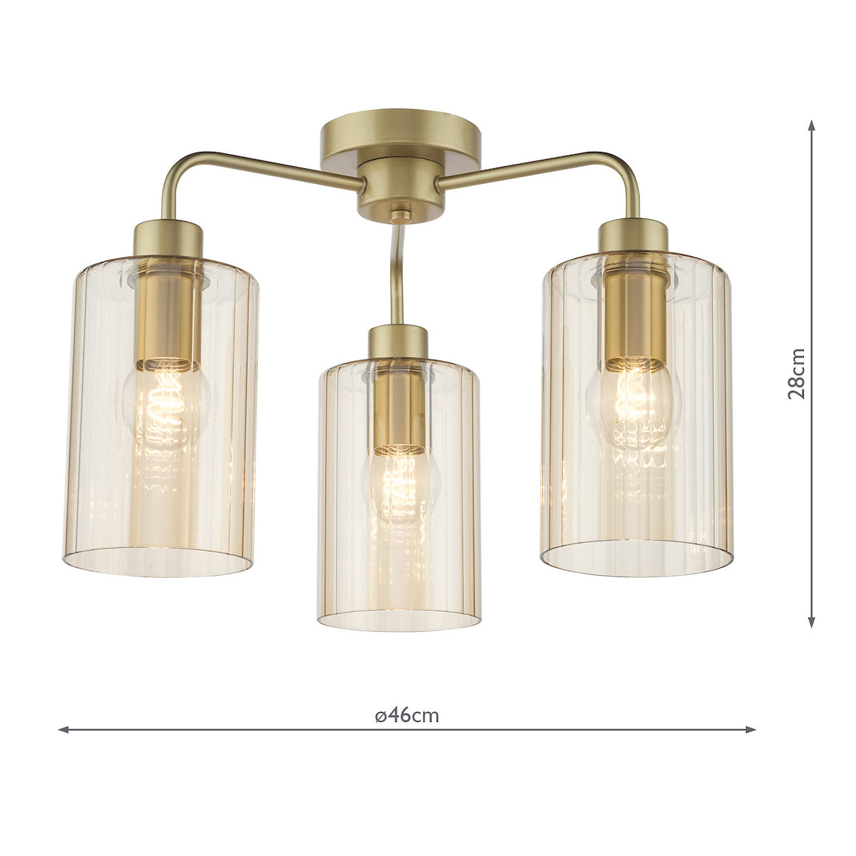Dar Daylin 3 Light Semi-Flush Satin Gold and Amber Ribbed Glass