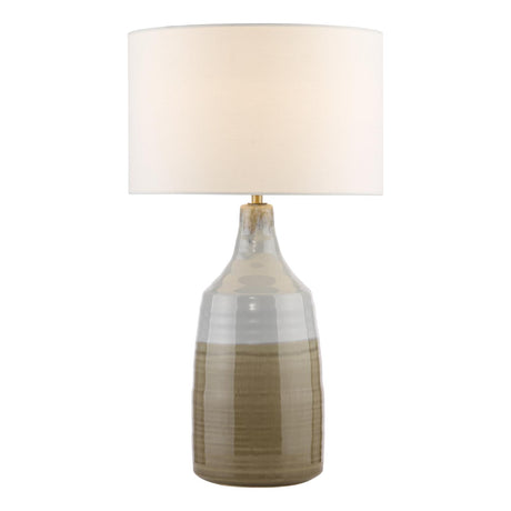 Dar Desirus Table Lamp Blue Ceramic and Antique Brass With Ivory Drum Shade