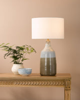 Dar Desirus Table Lamp Blue Ceramic and Antique Brass With Ivory Drum Shade