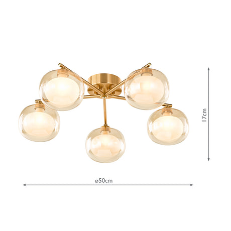Dar Diego 5 Light Semi-Flush Antique Bronze and Amber Dual Layer Glass