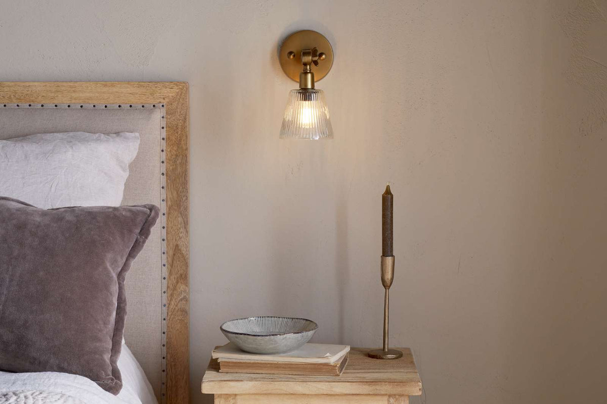 Nkuku Davika Ribbed Glass Task Wall Lamp Clear & Antique Brass – Amos ...