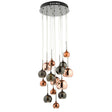 Modern cluster pendant light fixture with black chrome and copper glass globes hanging from round ceiling mount