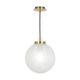 Dar Avari pendant light with frosted glass globe and satin brass fixture hanging on black cord