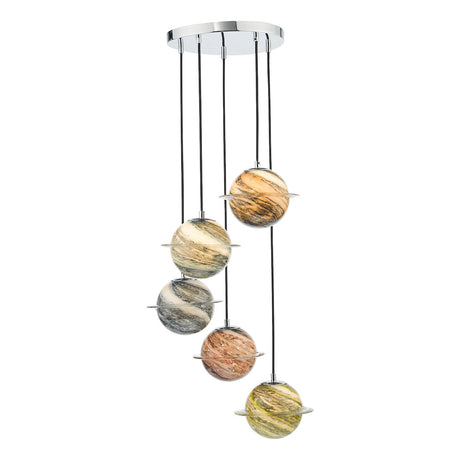 Dar Cygnus 5 Light Cluster Pendant Polished Chrome and Planet Style Glass –  from Amos Lighting + Home