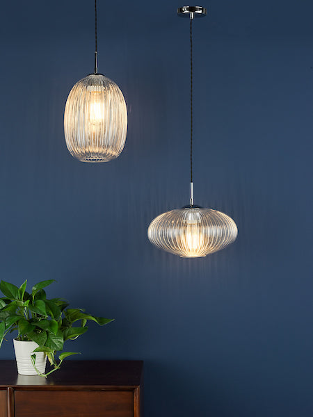 Dar Edmond Single Pendant Polished Chrome Ribbed Glass –  from Amos Lighting + Home