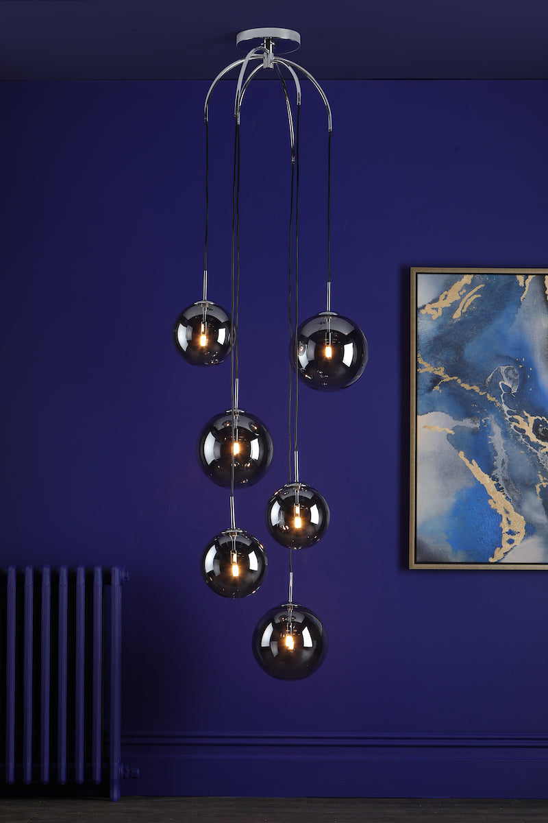 Dar Gold Collection Nico 6 Light Cluster Pendant Polished Chrome Smoked Glass –  from Amos Lighting + Home