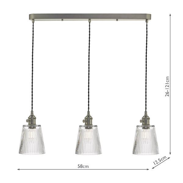 Dar Hadano 3 Light Antique Chrome Suspension With Ribbed Glass Shades –  from Amos Lighting + Home