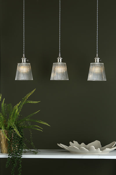 Dar Hadano 3 Light Antique Chrome Suspension With Ribbed Glass Shades –  from Amos Lighting + Home