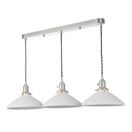 Dar Hadano 3 Light Bar Pendant Antique Chrome &amp; Ceramic Shallow Shade –  from Amos Lighting + Home