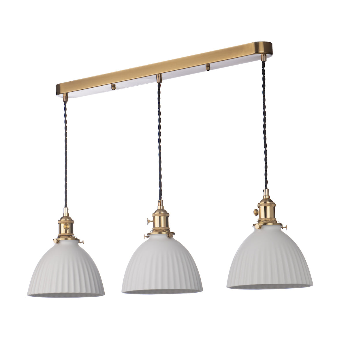 Dar Hadano 3 Light Bar Pendant Natural Brass &amp; Ceramic Domed Shade –  from Amos Lighting + Home