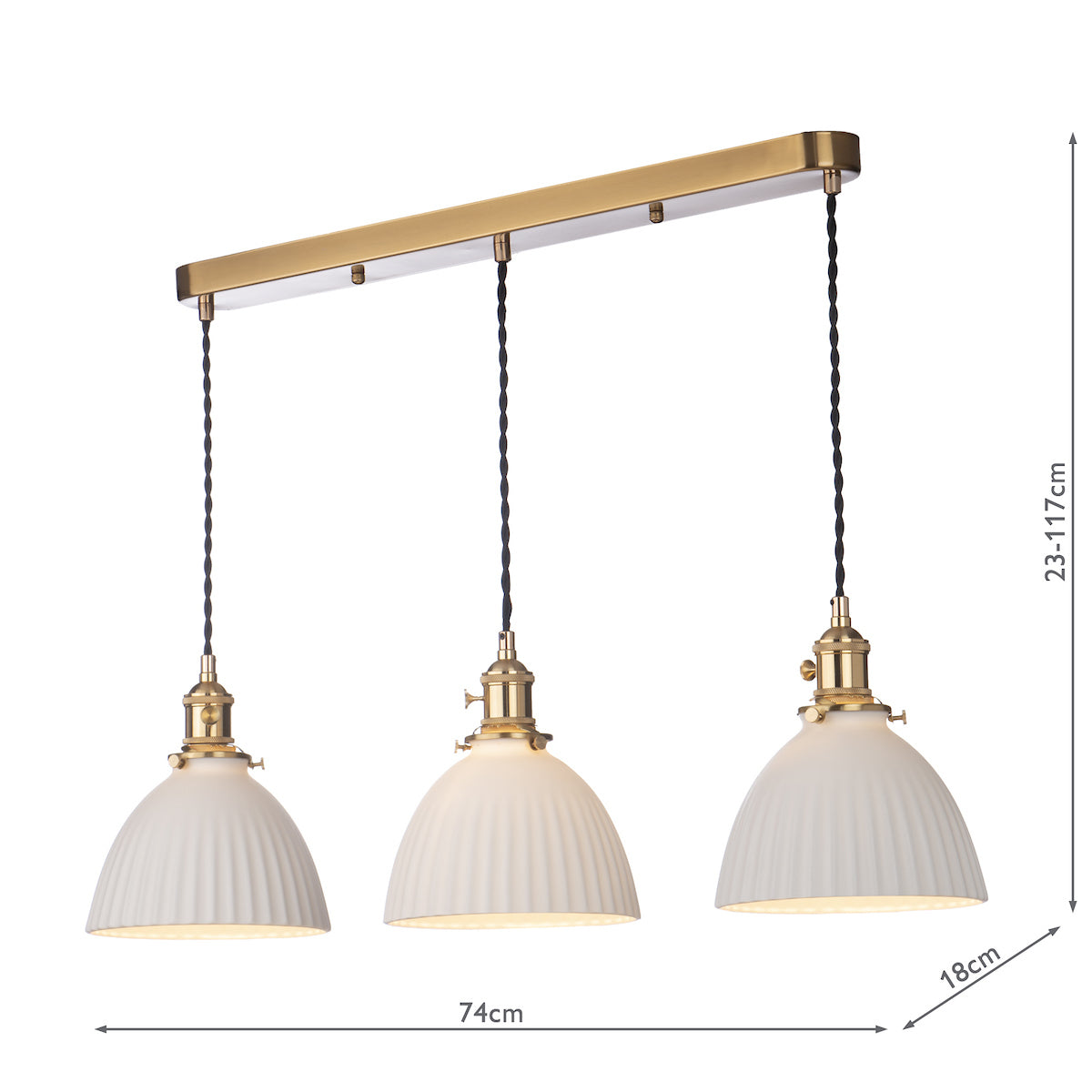 Dar Hadano 3 Light Bar Pendant Natural Brass &amp; Ceramic Domed Shade –  from Amos Lighting + Home