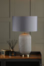 Dar Helicon Table Lamp Grey Ribbed Glass and Antique Brass With Shade –  from Amos Lighting + Home