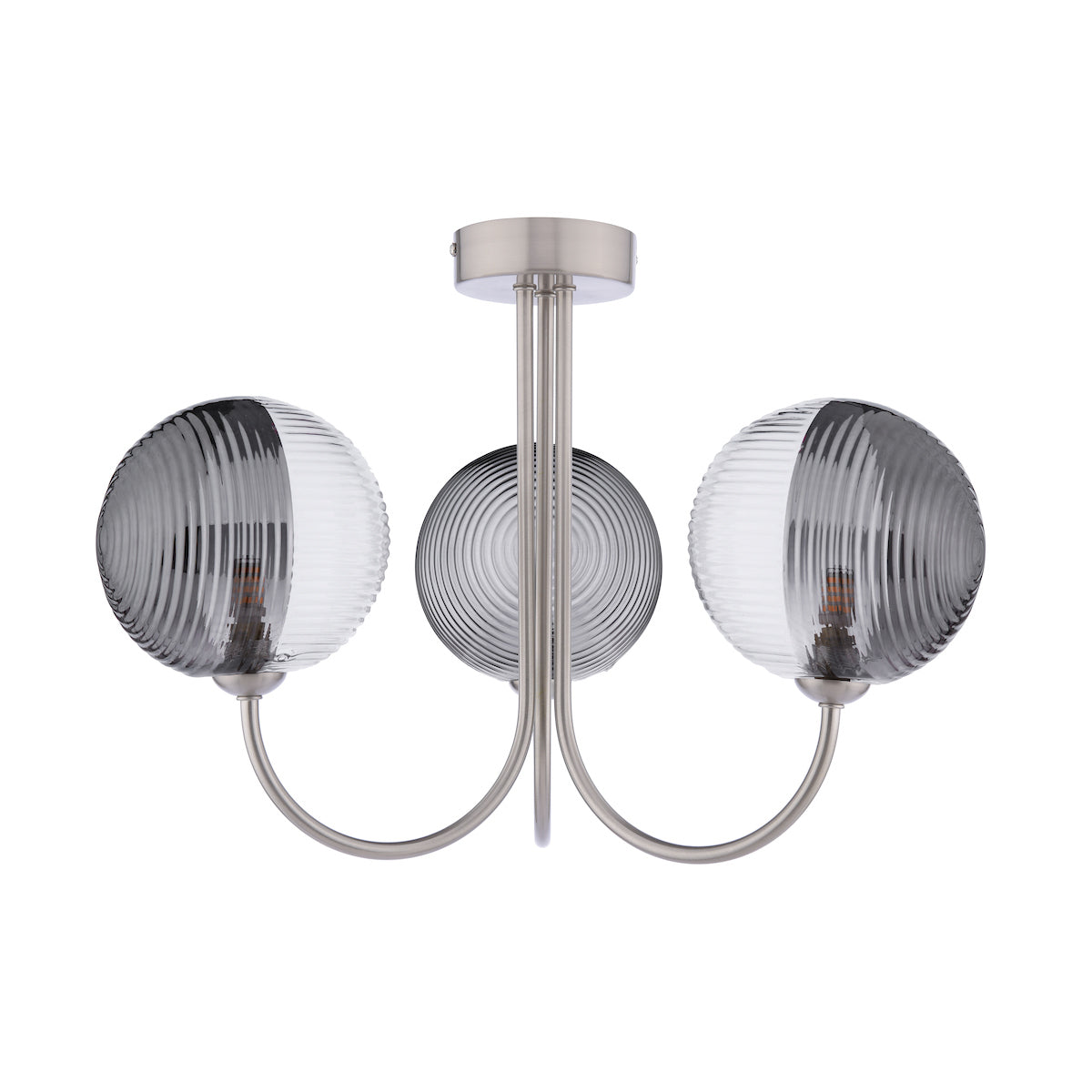 Dar Jared 3 Light Semi-Flush Satin Nickel & Smoked/Clear Ribbed Glass –  from Amos Lighting + Home