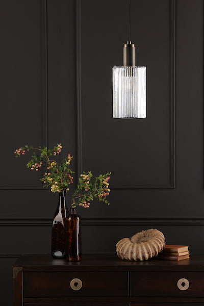 Dar Nikolas Solid Brass Pendant Ribbed Cylinder Glass –  from Amos Lighting + Home