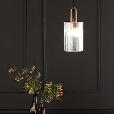 Dar Nikolas Solid Brass Pendant Ribbed Cylinder Glass –  from Amos Lighting + Home