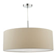 Ecru beige drum pendant light with chrome ceiling mount and white diffuser