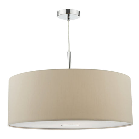 Ecru beige drum pendant light with chrome ceiling mount and white diffuser