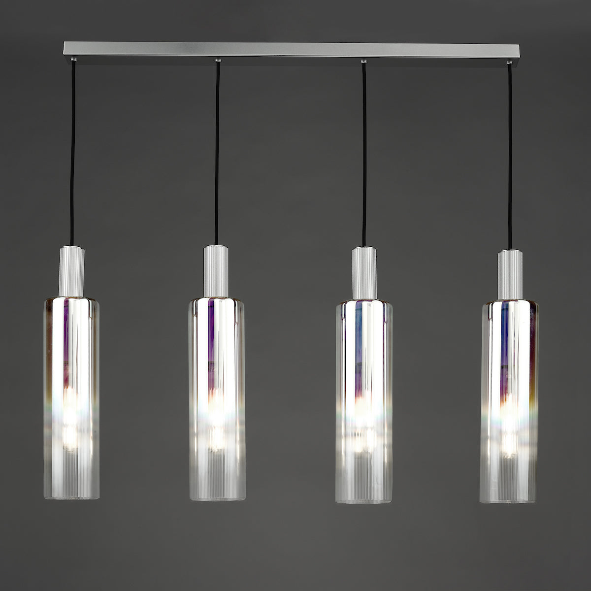 Dar Ruben 4 Light Bar Pendant Satin Silver and Ribbed Iridised Glass from Amos Lighting + Home