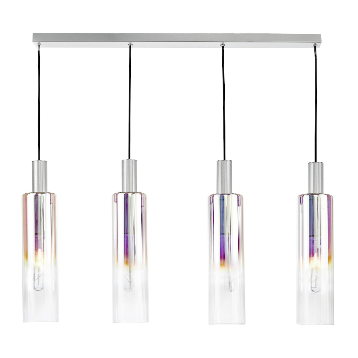 Dar Ruben 4 Light Bar Pendant Satin Silver and Ribbed Iridised Glass from Amos Lighting + Home