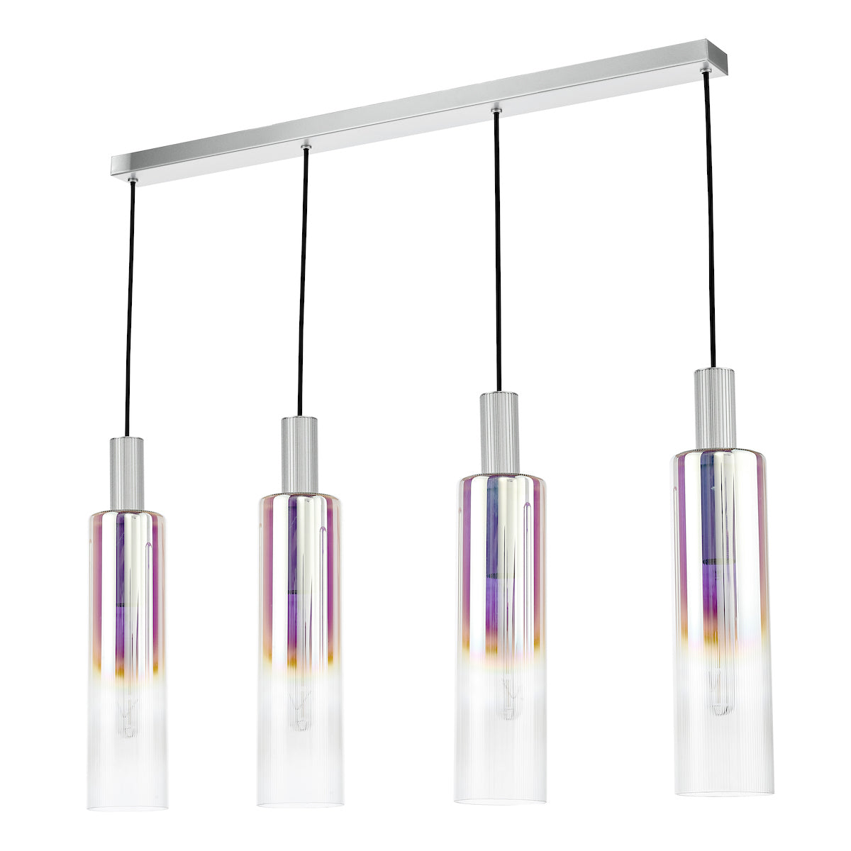 Dar Ruben 4 Light Bar Pendant Satin Silver and Ribbed Iridised Glass from Amos Lighting + Home