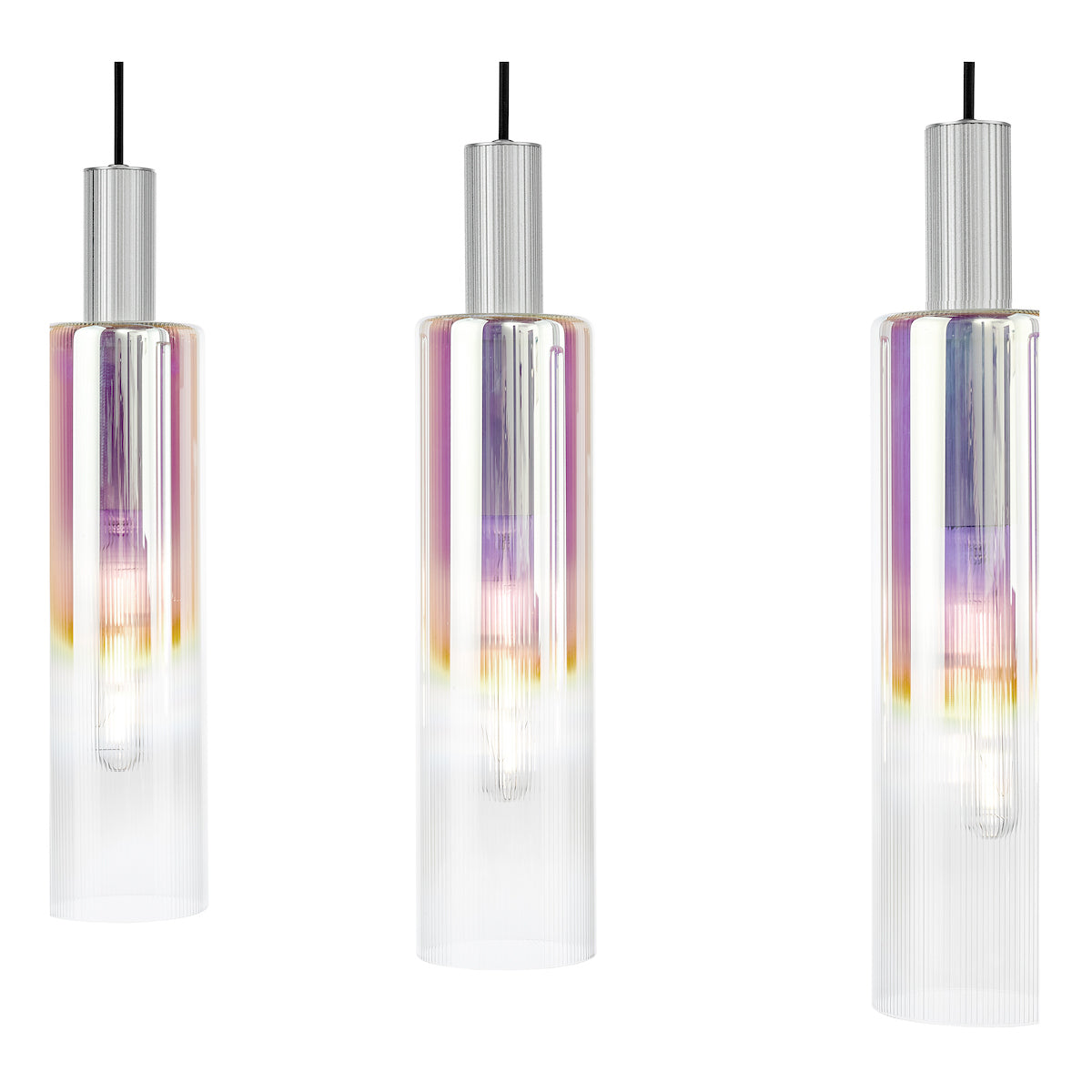 Dar Ruben 4 Light Bar Pendant Satin Silver and Ribbed Iridised Glass from Amos Lighting + Home