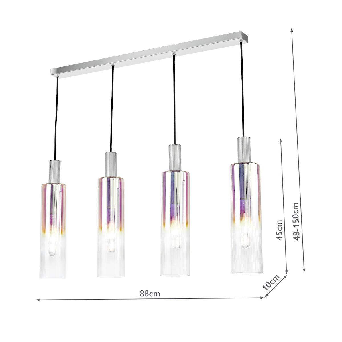 Dar Ruben 4 Light Bar Pendant Satin Silver and Ribbed Iridised Glass from Amos Lighting + Home