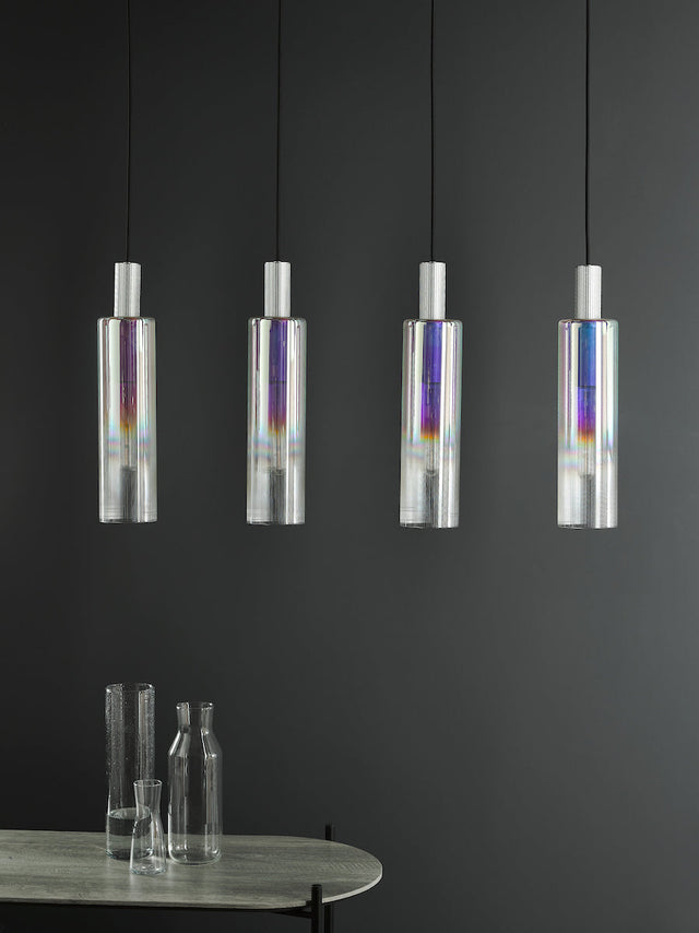 Dar Ruben 4 Light Bar Pendant Satin Silver and Ribbed Iridised Glass from Amos Lighting + Home